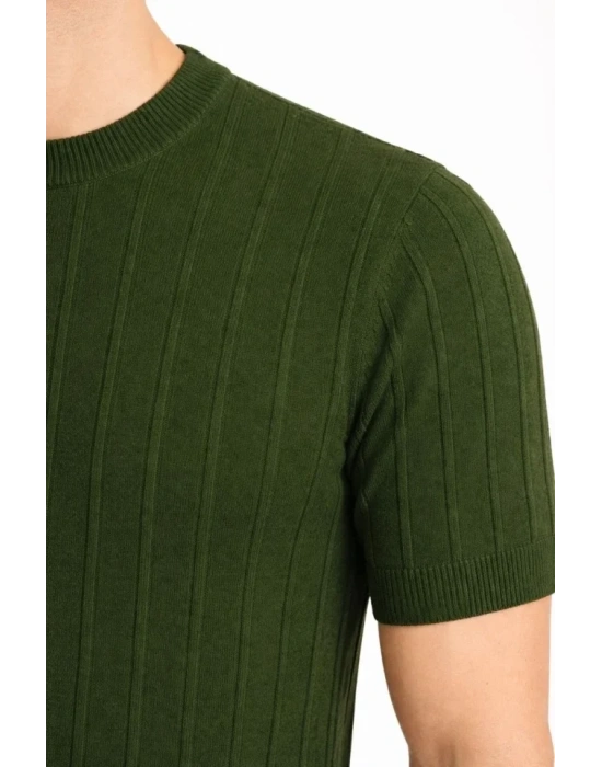 Erkek Yazlık Fitilli Triko Tişört Kısa Kol Bisiklet Yaka Thirt  Haki