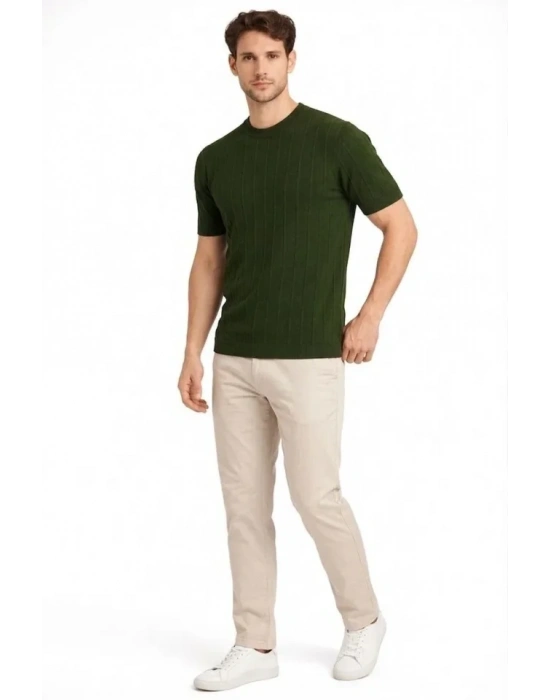 Erkek Yazlık Fitilli Triko Tişört Kısa Kol Bisiklet Yaka Thirt  Haki