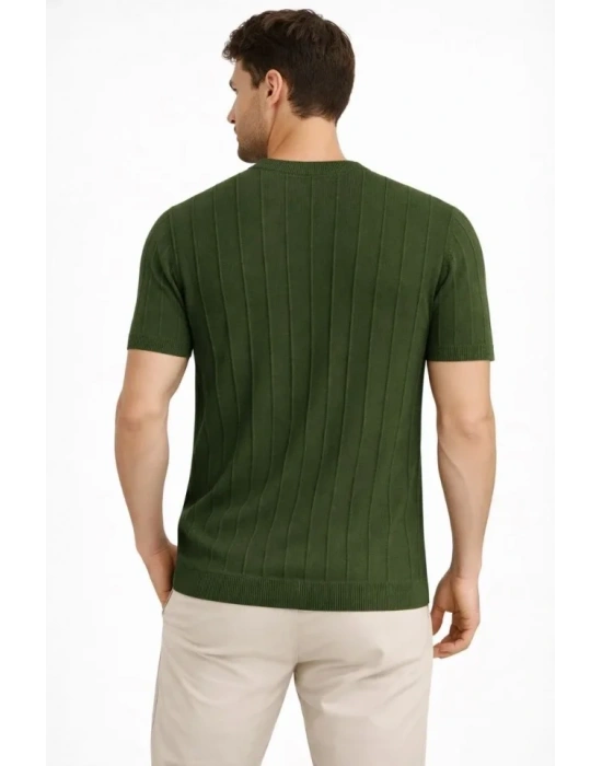 Erkek Yazlık Fitilli Triko Tişört Kısa Kol Bisiklet Yaka Thirt  Haki