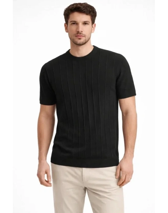 Erkek Yazlık Fitilli Triko Tişört Kısa Kol Bisiklet Yaka Thirt  iyah