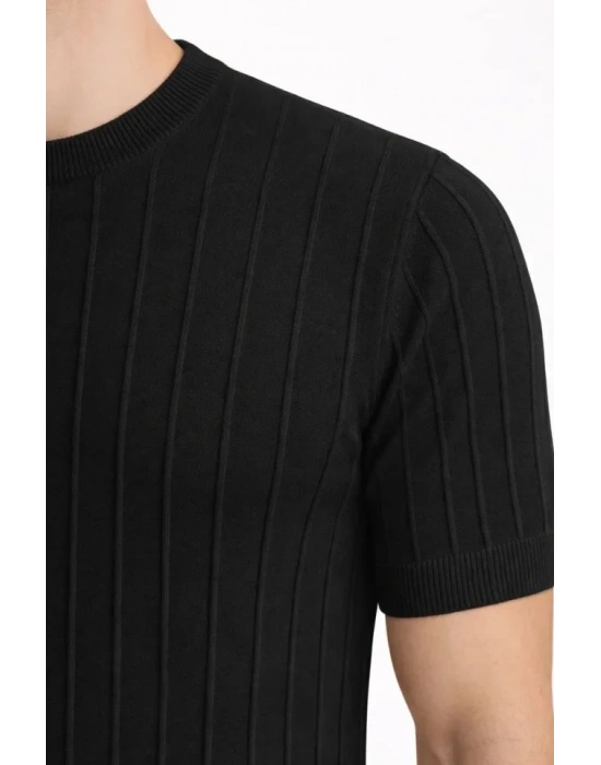 Erkek Yazlık Fitilli Triko Tişört Kısa Kol Bisiklet Yaka Thirt  iyah