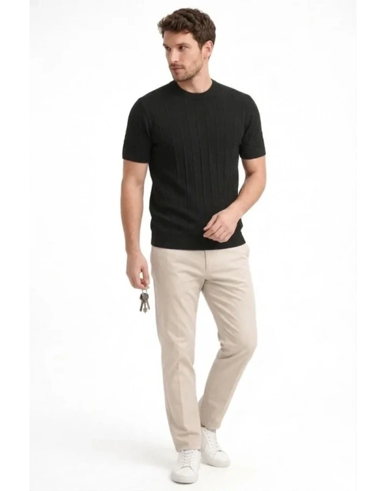 Erkek Yazlık Fitilli Triko Tişört Kısa Kol Bisiklet Yaka Thirt  iyah