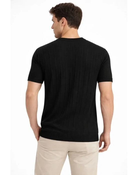 Erkek Yazlık Fitilli Triko Tişört Kısa Kol Bisiklet Yaka Thirt  iyah