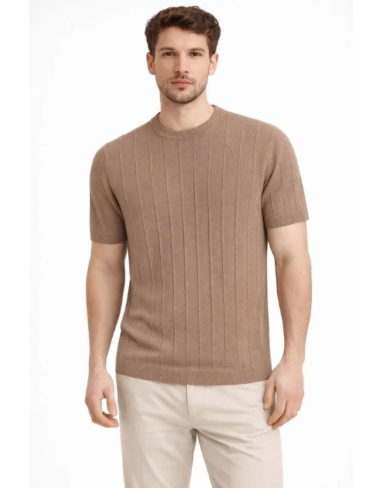 Erkek Yazlık Fitilli Triko Tişört Kısa Kol Bisiklet Yaka Thirt  Kahverengi