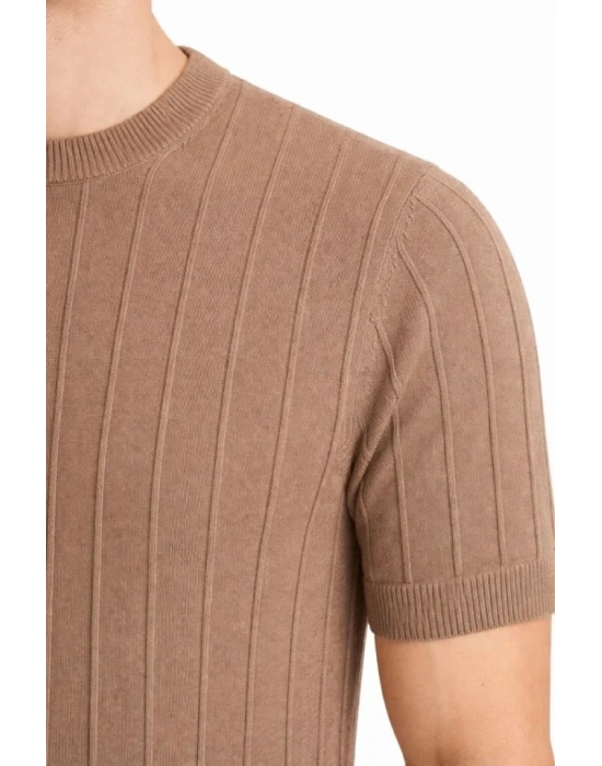 Erkek Yazlık Fitilli Triko Tişört Kısa Kol Bisiklet Yaka Thirt  Kahverengi