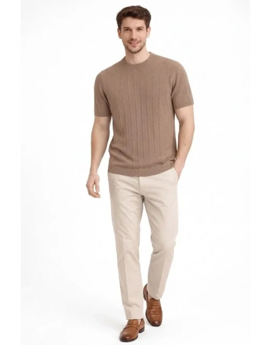 Erkek Yazlık Fitilli Triko Tişört Kısa Kol Bisiklet Yaka Thirt  Kahverengi