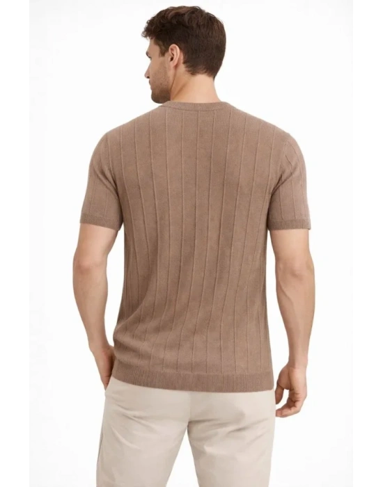 Erkek Yazlık Fitilli Triko Tişört Kısa Kol Bisiklet Yaka Thirt  Kahverengi