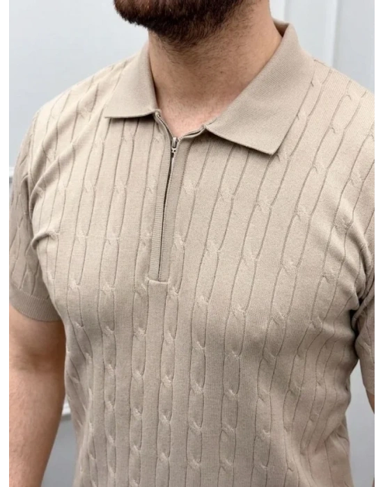 Erkek Yazlık Triko aç Örgü Tişört Kısa Kol Polo Yaka Fermuarlı Thirt  Bej