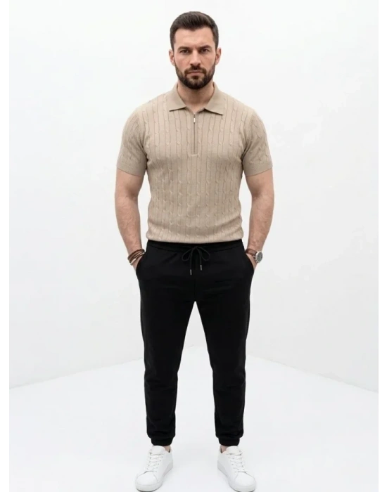 Erkek Yazlık Triko aç Örgü Tişört Kısa Kol Polo Yaka Fermuarlı Thirt  Bej