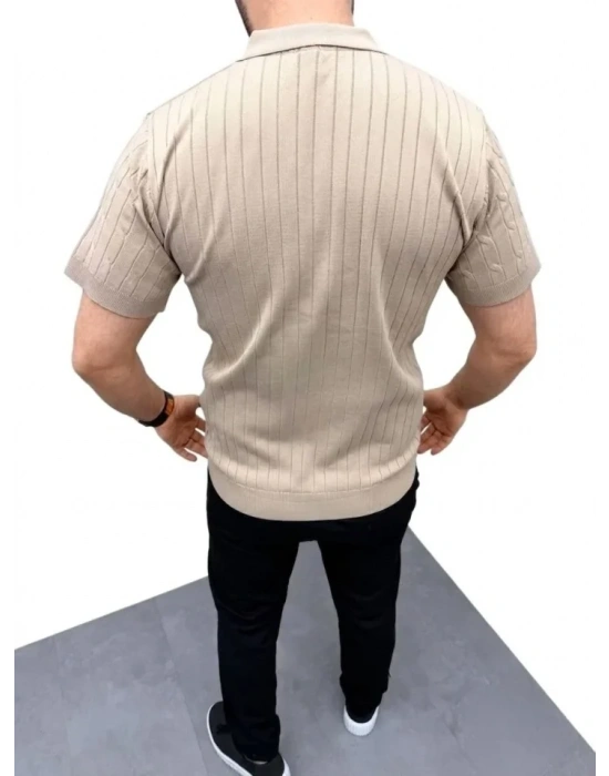 Erkek Yazlık Triko aç Örgü Tişört Kısa Kol Polo Yaka Fermuarlı Thirt  Bej