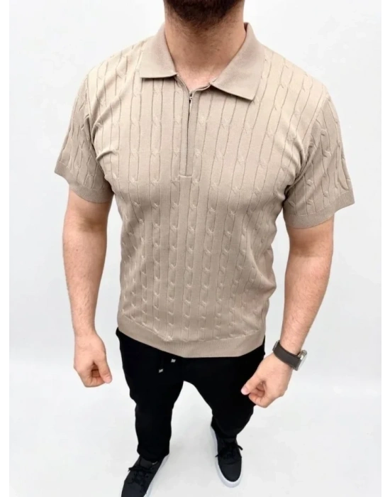 Erkek Yazlık Triko aç Örgü Tişört Kısa Kol Polo Yaka Fermuarlı Thirt  Bej