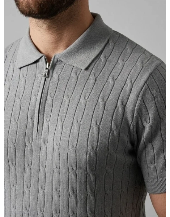 Erkek Yazlık Triko aç Örgü Tişört Kısa Kol Polo Yaka Fermuarlı Thirt  Gri