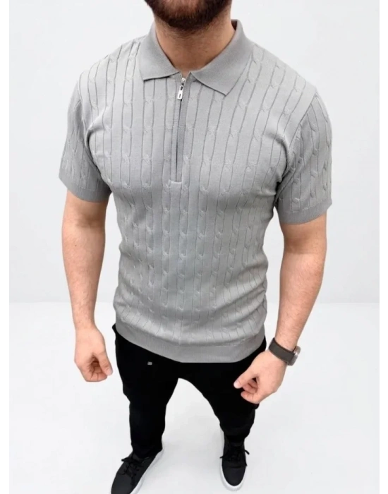 Erkek Yazlık Triko aç Örgü Tişört Kısa Kol Polo Yaka Fermuarlı Thirt  Gri