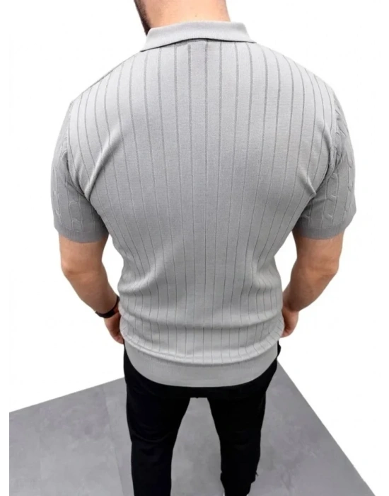 Erkek Yazlık Triko aç Örgü Tişört Kısa Kol Polo Yaka Fermuarlı Thirt  Gri