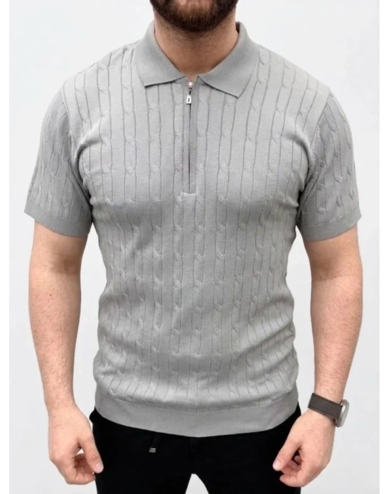 Erkek Yazlık Triko aç Örgü Tişört Kısa Kol Polo Yaka Fermuarlı Thirt  Gri