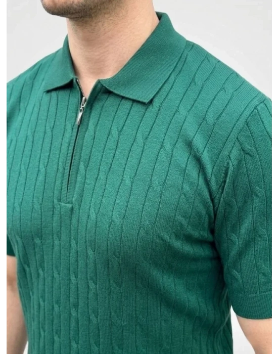 Erkek Yazlık Triko aç Örgü Tişört Kısa Kol Polo Yaka Fermuarlı Thirt  Haki