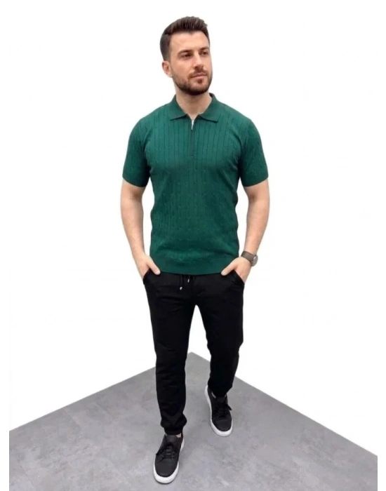 Erkek Yazlık Triko aç Örgü Tişört Kısa Kol Polo Yaka Fermuarlı Thirt  Haki