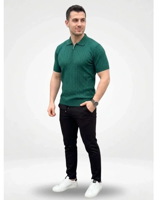 Erkek Yazlık Triko aç Örgü Tişört Kısa Kol Polo Yaka Fermuarlı Thirt  Haki