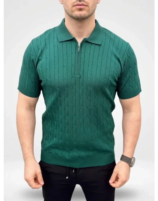 Erkek Yazlık Triko aç Örgü Tişört Kısa Kol Polo Yaka Fermuarlı Thirt  Haki