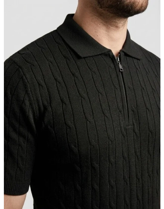 Erkek Yazlık Triko aç Örgü Tişört Kısa Kol Polo Yaka Fermuarlı Thirt  iyah