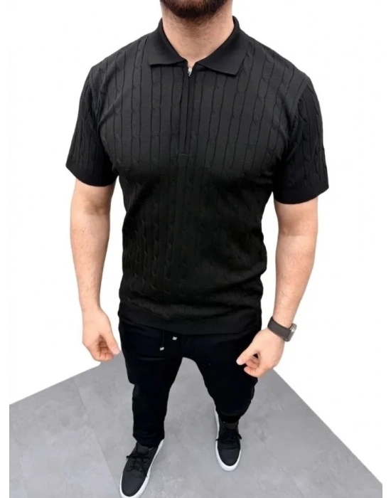 Erkek Yazlık Triko aç Örgü Tişört Kısa Kol Polo Yaka Fermuarlı Thirt  iyah