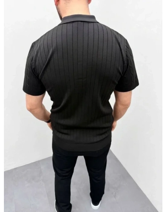 Erkek Yazlık Triko aç Örgü Tişört Kısa Kol Polo Yaka Fermuarlı Thirt  iyah