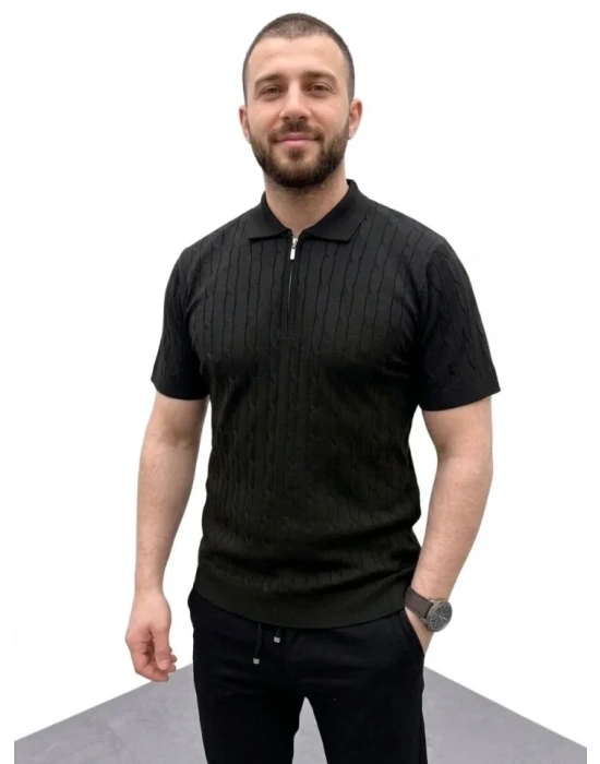 Erkek Yazlık Triko aç Örgü Tişört Kısa Kol Polo Yaka Fermuarlı Thirt  iyah