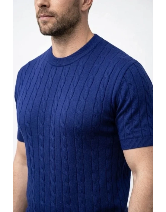 Erkek Yazlık Triko Dokuma Tişört Kısa Kol Bisiklet Yaka Örgü Desenli Thirt  acivert