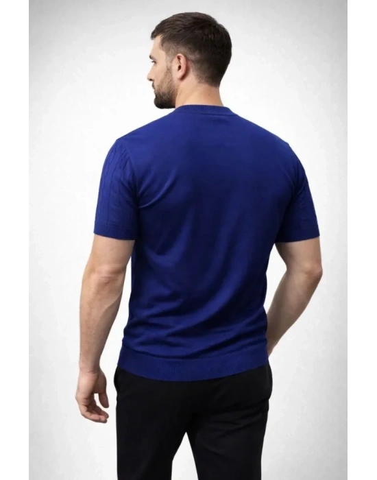 Erkek Yazlık Triko Dokuma Tişört Kısa Kol Bisiklet Yaka Örgü Desenli Thirt  acivert