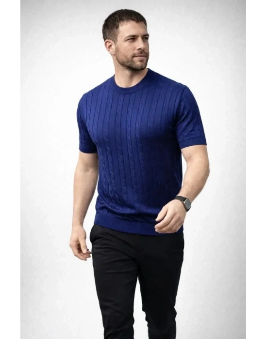 Erkek Yazlık Triko Dokuma Tişört Kısa Kol Bisiklet Yaka Örgü Desenli Thirt  acivert