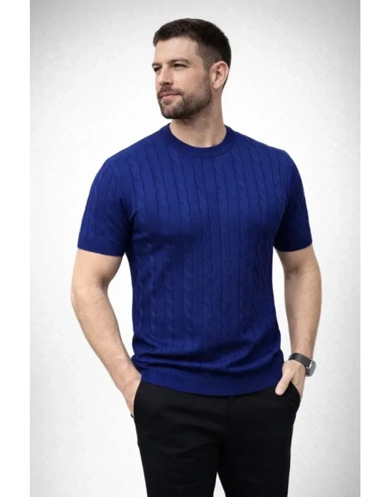 Erkek Yazlık Triko Dokuma Tişört Kısa Kol Bisiklet Yaka Örgü Desenli Thirt  acivert