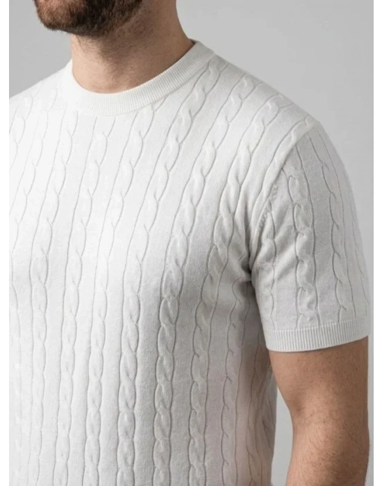 Erkek Yazlık Triko Dokuma Tişört Kısa Kol Bisiklet Yaka Örgü Desenli Thirt  Beyaz