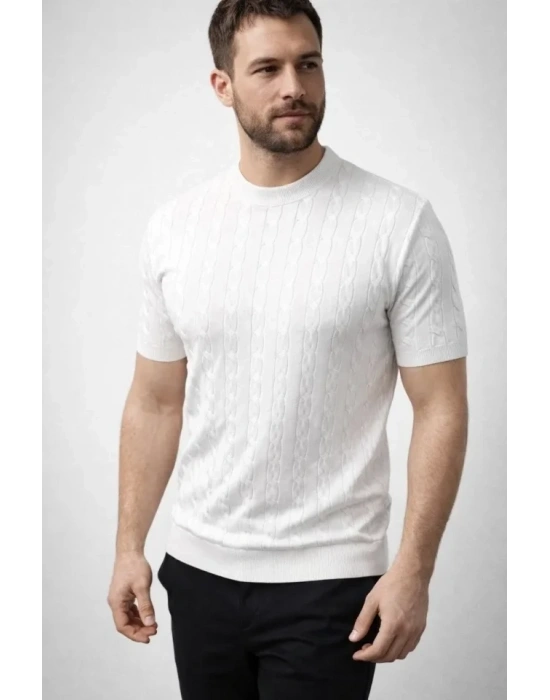 Erkek Yazlık Triko Dokuma Tişört Kısa Kol Bisiklet Yaka Örgü Desenli Thirt  Beyaz
