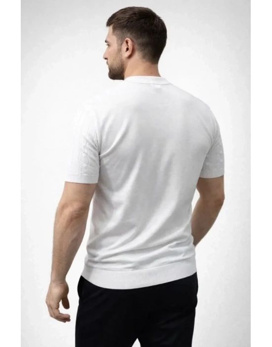 Erkek Yazlık Triko Dokuma Tişört Kısa Kol Bisiklet Yaka Örgü Desenli Thirt  Beyaz