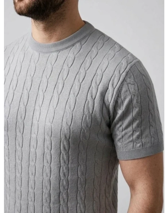 Erkek Yazlık Triko Dokuma Tişört Kısa Kol Bisiklet Yaka Örgü Desenli Thirt  Gri