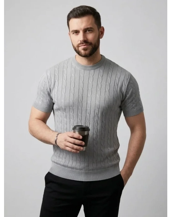 Erkek Yazlık Triko Dokuma Tişört Kısa Kol Bisiklet Yaka Örgü Desenli Thirt  Gri