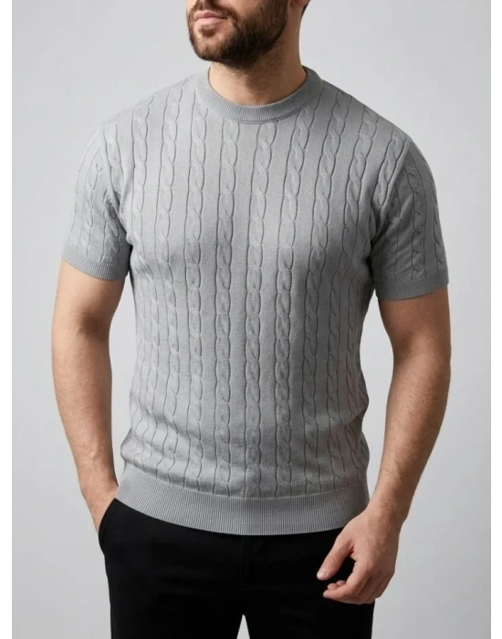 Erkek Yazlık Triko Dokuma Tişört Kısa Kol Bisiklet Yaka Örgü Desenli Thirt  Gri