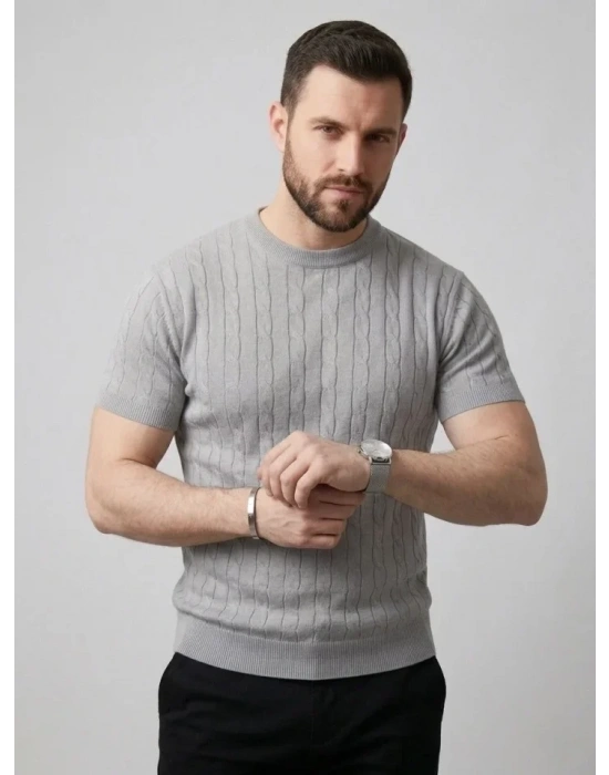 Erkek Yazlık Triko Dokuma Tişört Kısa Kol Bisiklet Yaka Örgü Desenli Thirt  Gri