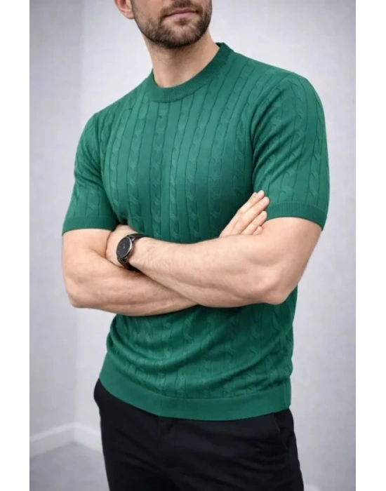 Erkek Yazlık Triko Dokuma Tişört Kısa Kol Bisiklet Yaka Örgü Desenli Thirt  Haki