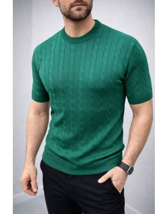 Erkek Yazlık Triko Dokuma Tişört Kısa Kol Bisiklet Yaka Örgü Desenli Thirt  Haki