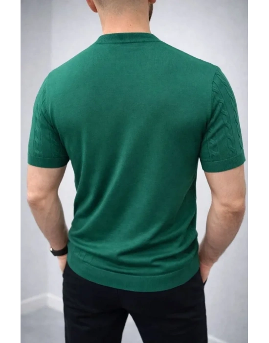 Erkek Yazlık Triko Dokuma Tişört Kısa Kol Bisiklet Yaka Örgü Desenli Thirt  Haki