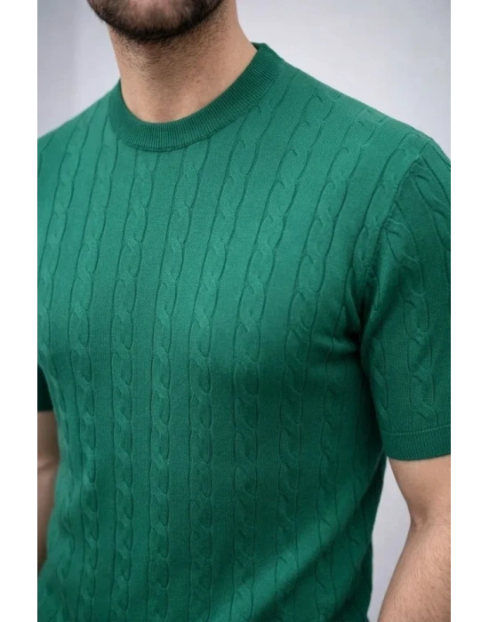 Erkek Yazlık Triko Dokuma Tişört Kısa Kol Bisiklet Yaka Örgü Desenli Thirt  Haki