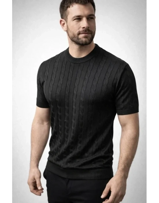 Erkek Yazlık Triko Dokuma Tişört Kısa Kol Bisiklet Yaka Örgü Desenli Thirt  iyah