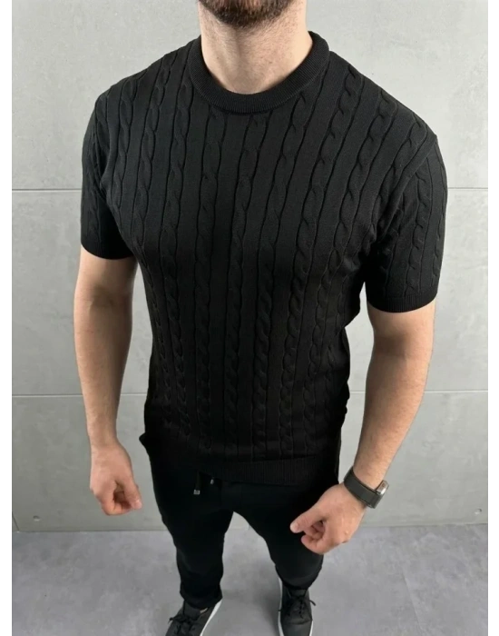 Erkek Yazlık Triko Dokuma Tişört Kısa Kol Bisiklet Yaka Örgü Desenli Thirt  iyah