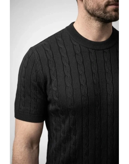 Erkek Yazlık Triko Dokuma Tişört Kısa Kol Bisiklet Yaka Örgü Desenli Thirt  iyah