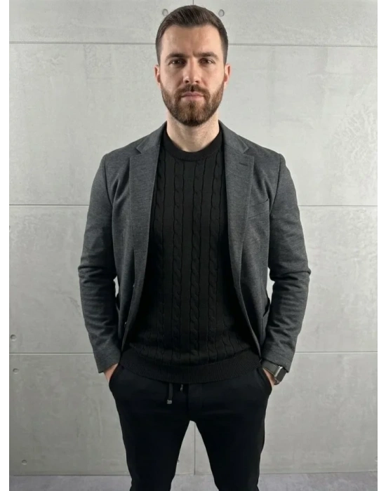 Erkek Yazlık Triko Dokuma Tişört Kısa Kol Bisiklet Yaka Örgü Desenli Thirt  iyah