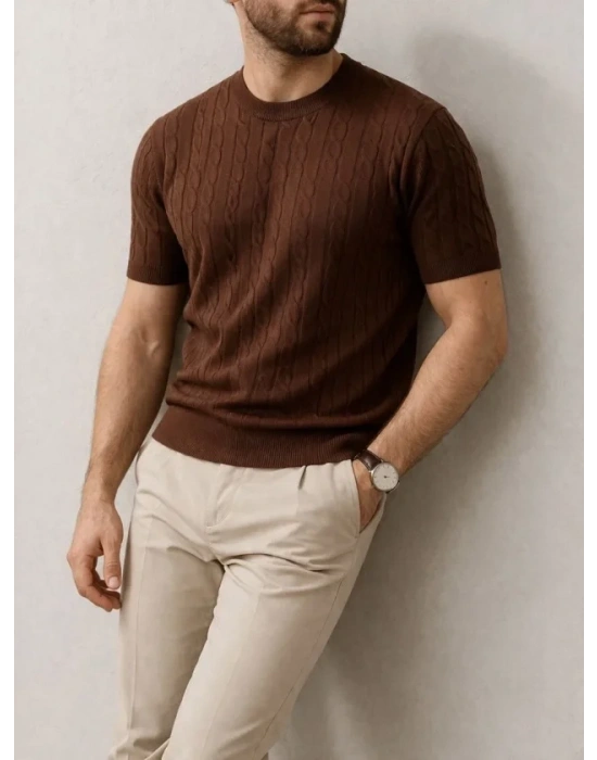 Erkek Yazlık Triko Dokuma Tişört Kısa Kol Bisiklet Yaka Örgü Desenli Thirt  Kahverengi