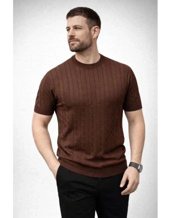 Erkek Yazlık Triko Dokuma Tişört Kısa Kol Bisiklet Yaka Örgü Desenli Thirt  Kahverengi