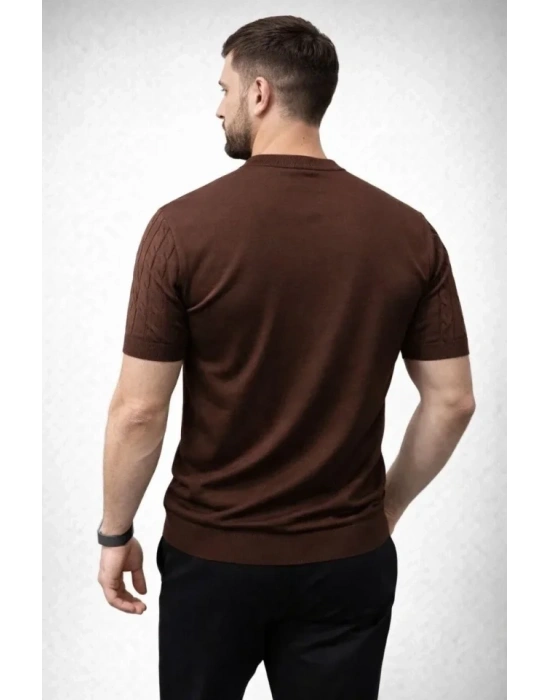 Erkek Yazlık Triko Dokuma Tişört Kısa Kol Bisiklet Yaka Örgü Desenli Thirt  Kahverengi