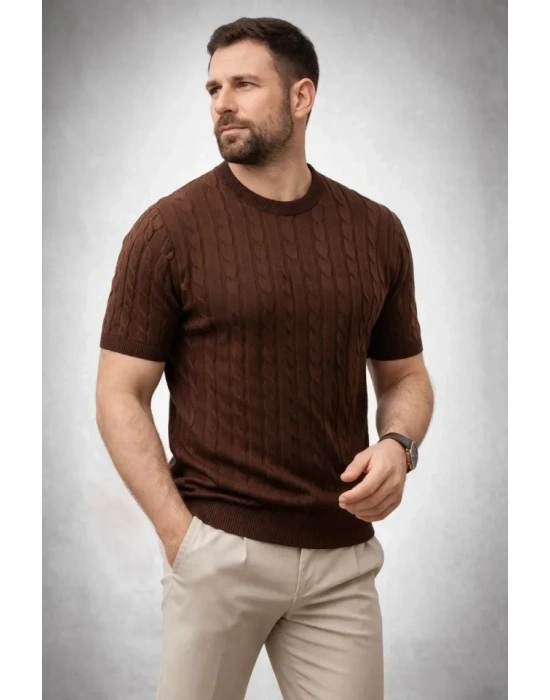 Erkek Yazlık Triko Dokuma Tişört Kısa Kol Bisiklet Yaka Örgü Desenli Thirt  Kahverengi